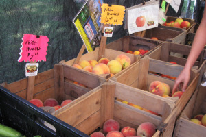 Wooden crates filled with peaches and apples